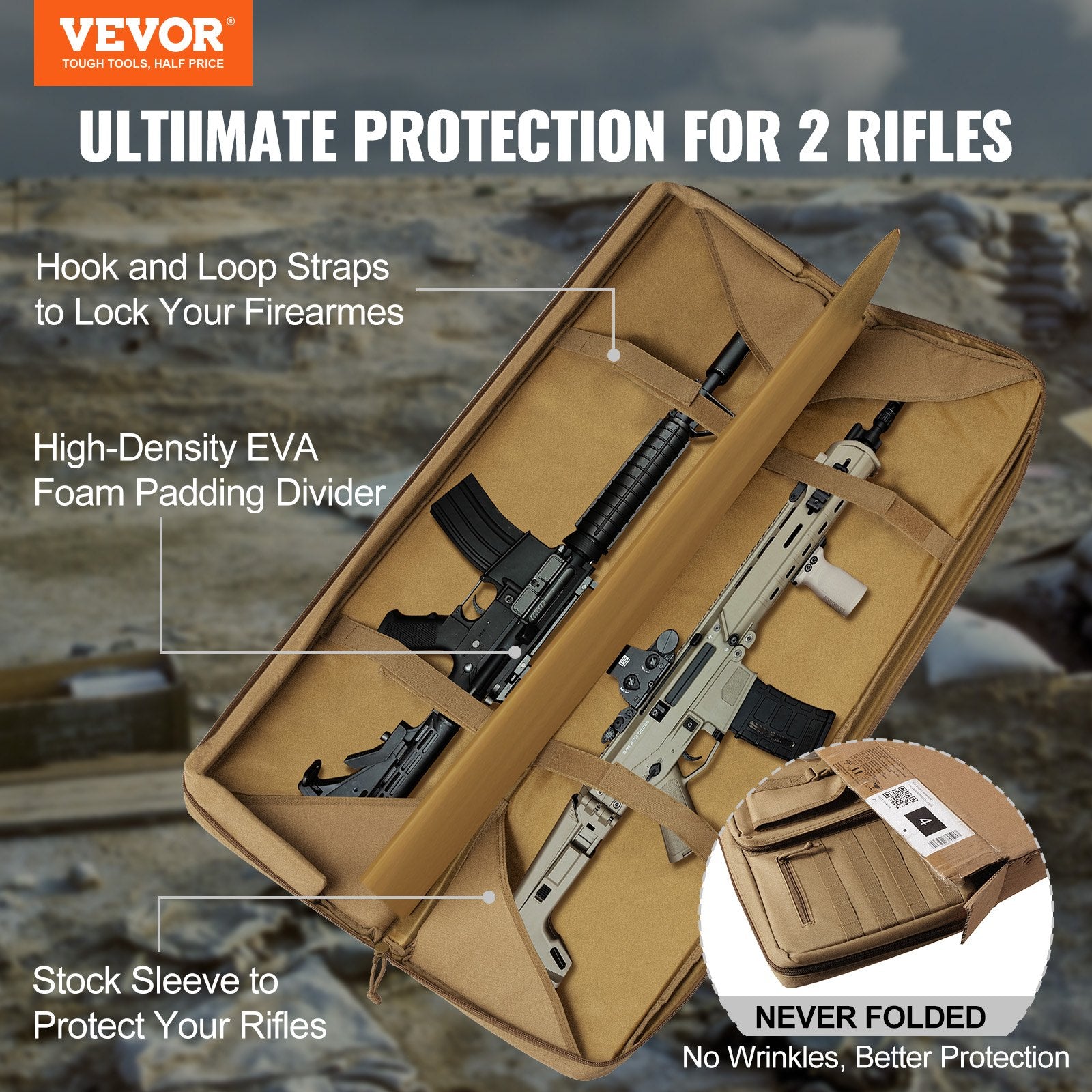 Camp Safety Equipment: VEVOR Rifle Bag, 36 inch Tactical Double Long Gun Bag, Soft Rifle Case with Lockable Zipper, Portable Handle & Shoulder Strap, 3 Large Storage Pockets Rifle Case for Two 34" Rifles & 2 Pistols, Brown