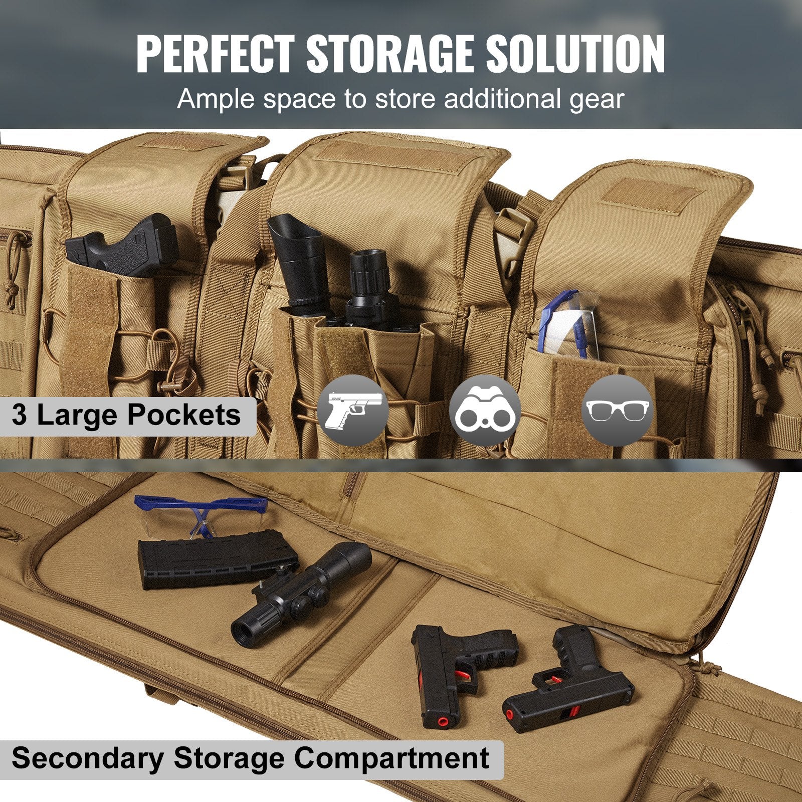 Camp Safety Equipment: VEVOR Rifle Bag, 36 inch Tactical Double Long Gun Bag, Soft Rifle Case with Lockable Zipper, Portable Handle & Shoulder Strap, 3 Large Storage Pockets Rifle Case for Two 34" Rifles & 2 Pistols, Brown