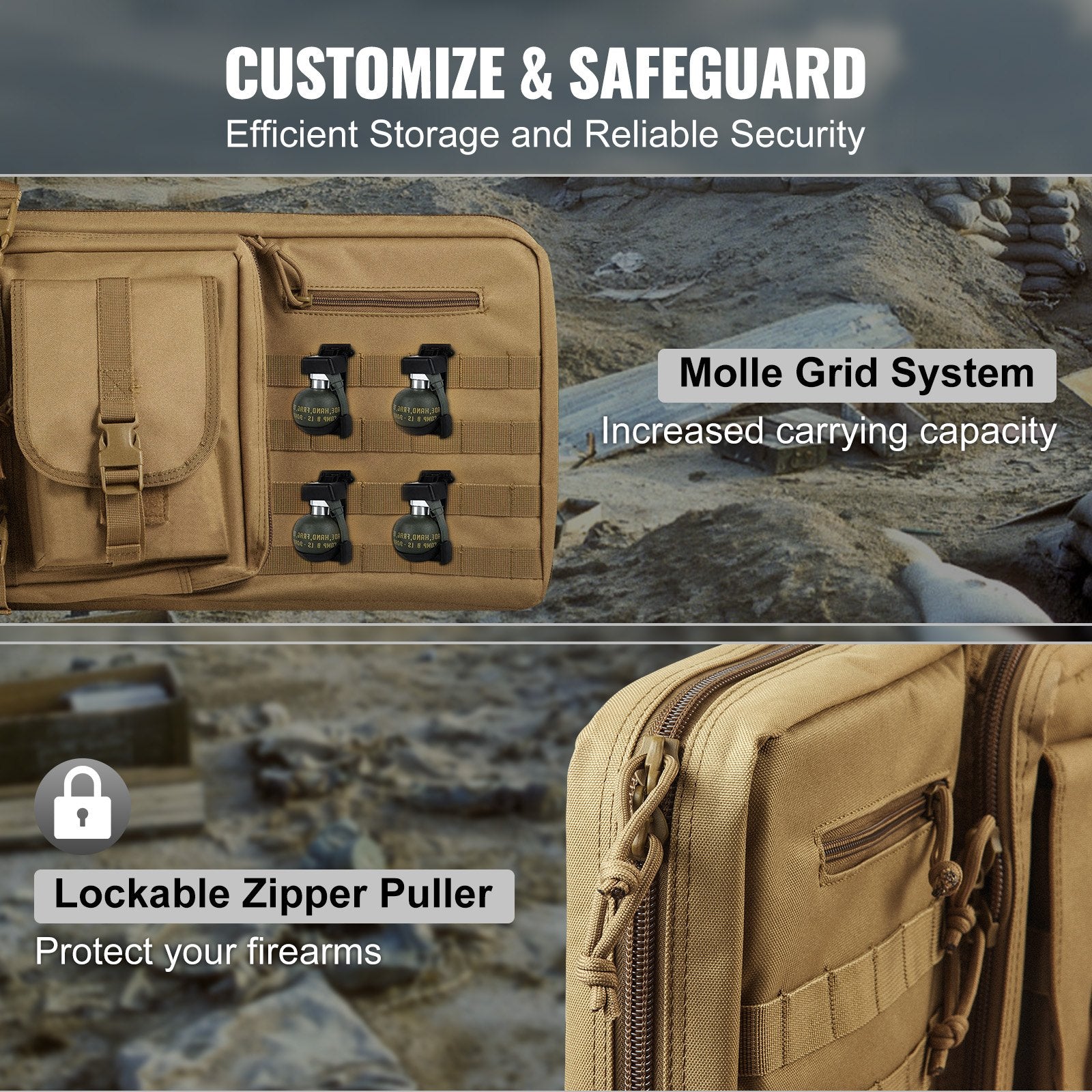 Camp Safety Equipment: VEVOR Rifle Bag, 42 inch Tactical Double Long Gun Bag, Soft Rifle Case with Lockable Zipper, Portable Handle & Shoulder Strap, 3 Large Storage Pockets Rifle Case for Two 40" Rifles & 2 Pistols, Brown