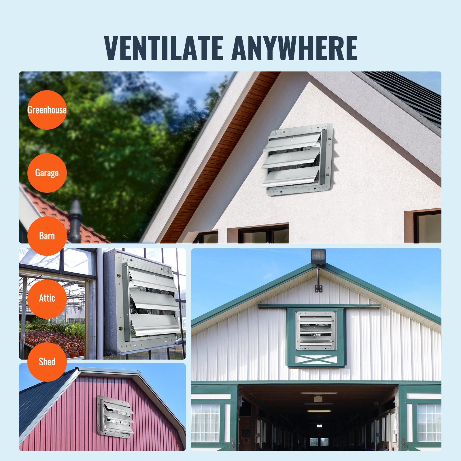 Desktops & Accessories: VEVOR Shutter Exhaust Fan, 356 mm High-speed 1400RPM 994 CFM, Aluminum Wall Mount Attic Fan with AC-motor, Ventilation and Cooling for Greenhouses, Garages, Sheds, Shops