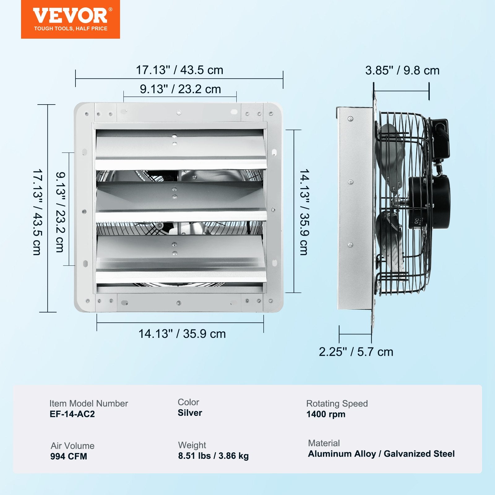 Desktops & Accessories: VEVOR Shutter Exhaust Fan, 356 mm High-speed 1400RPM 994 CFM, Aluminum Wall Mount Attic Fan with AC-motor, Ventilation and Cooling for Greenhouses, Garages, Sheds, Shops
