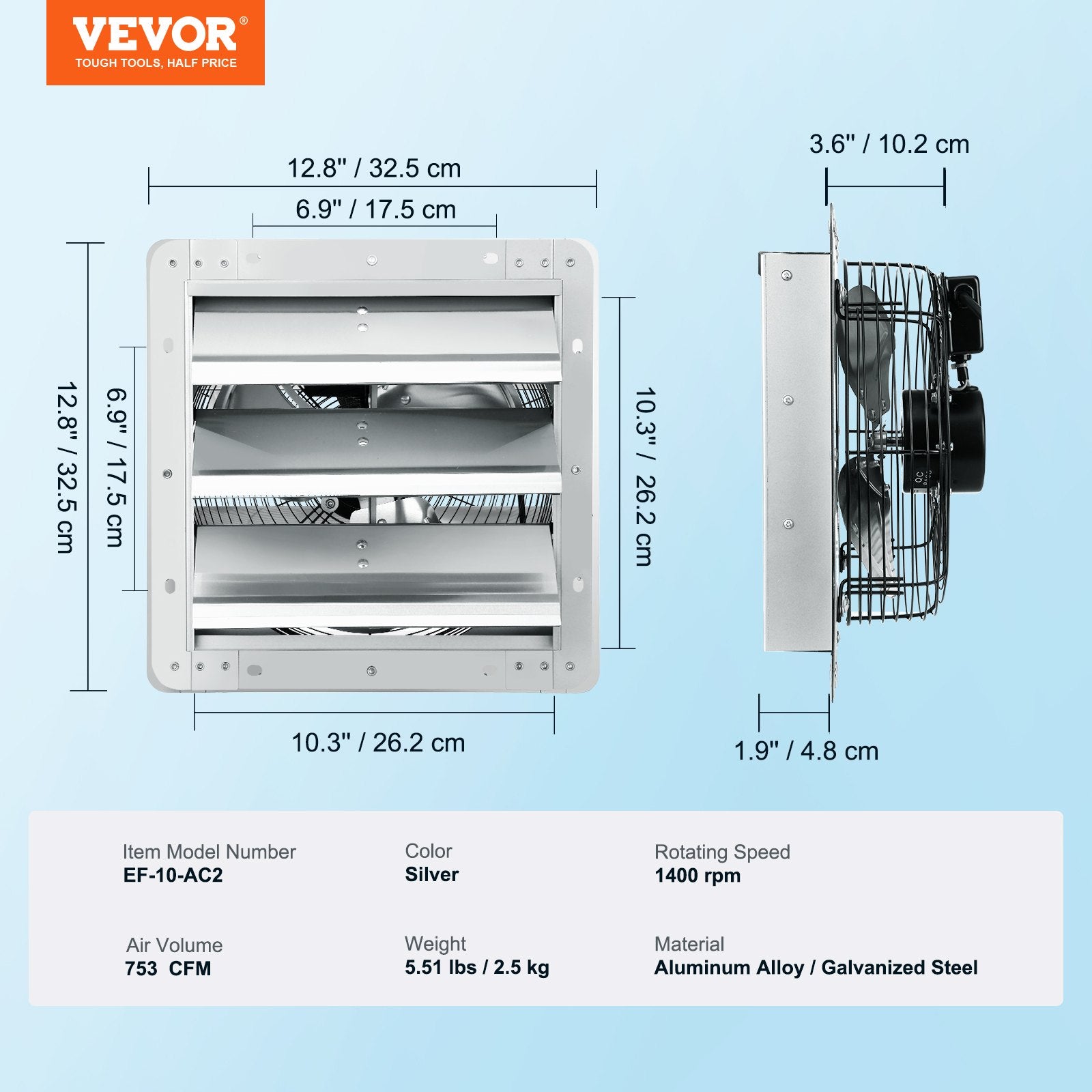 Desktops & Accessories: VEVOR Shutter Exhaust Fan, 254 mm High-speed 1400RPM 753 CFM, Aluminum Wall Mount Attic Fan with AC-motor, Ventilation and Cooling for Greenhouses, Garages, Sheds, Shops