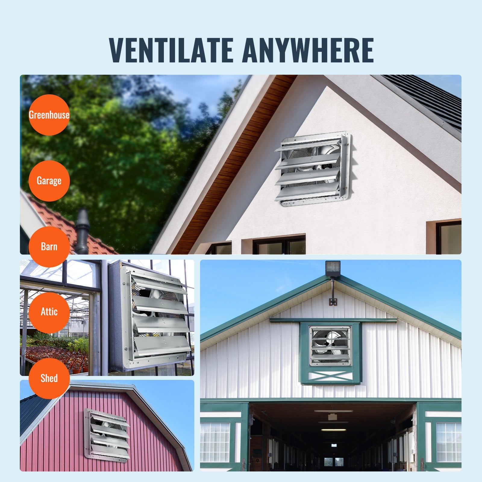 Desktops & Accessories: VEVOR Shutter Exhaust Fan, 406 mm High-speed 1400RPM 1506 CFM, Aluminum Wall Mount Attic Fan with AC-motor, Ventilation and Cooling for Greenhouses, Garages, Sheds, Shops