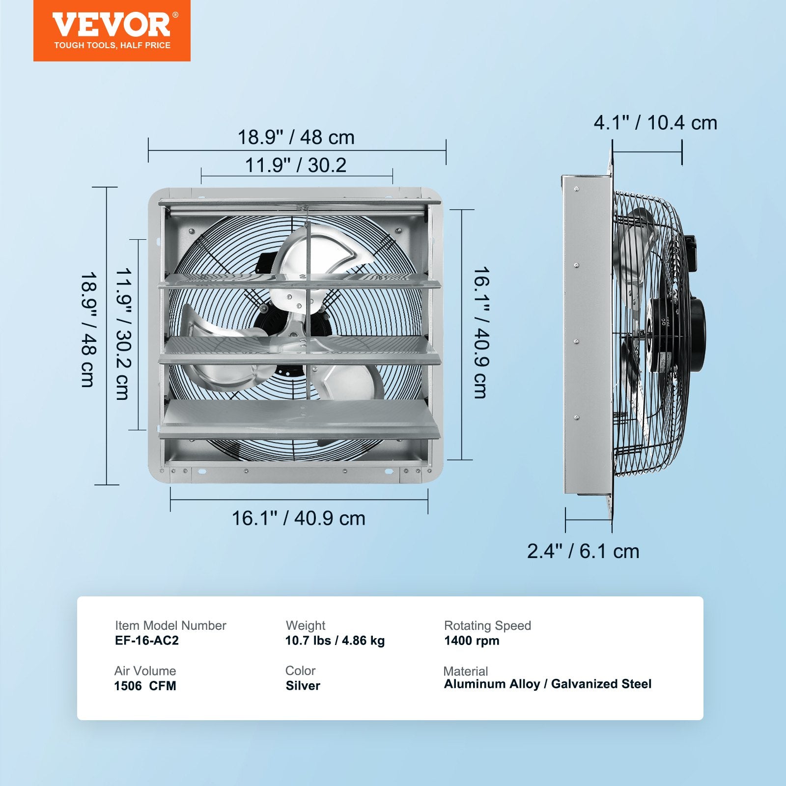 Desktops & Accessories: VEVOR Shutter Exhaust Fan, 406 mm High-speed 1400RPM 1506 CFM, Aluminum Wall Mount Attic Fan with AC-motor, Ventilation and Cooling for Greenhouses, Garages, Sheds, Shops