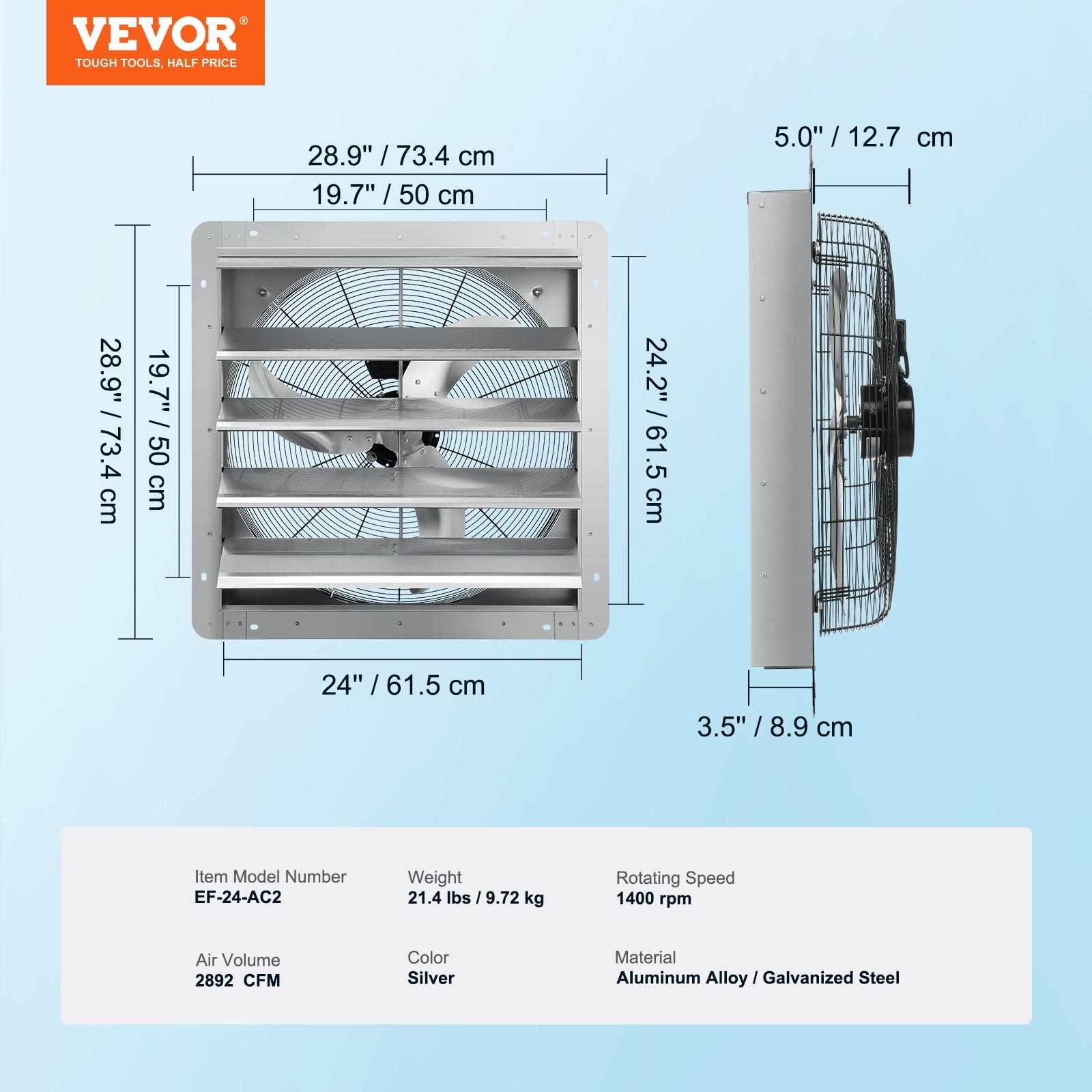 Desktops & Accessories: VEVOR Shutter Exhaust Fan, 610 mm High-speed 1400RPM 2892 CFM, Aluminum Wall Mount Attic Fan with AC-motor, Ventilation and Cooling for Greenhouses, Garages, Sheds, Shops