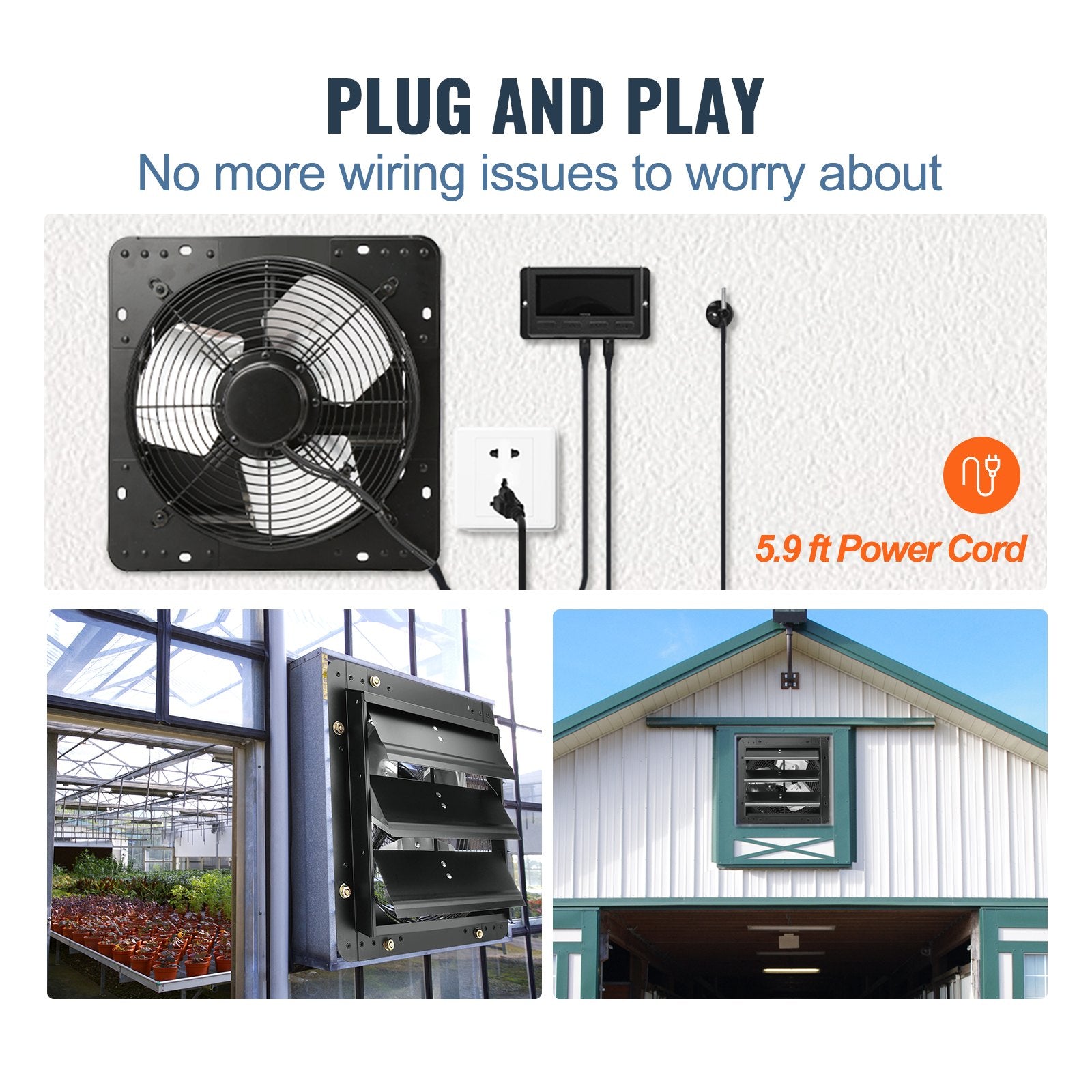 Automotive Repair & Speciality Tools: VEVOR Shutter Exhaust Fan, 305 mm /12 inch with Temperature Humidity Controller, EC-motor, 904 CFM, Variable Speed Adjustable Wall Mount Attic Fan, Ventilation and Cooling for Greenhouses, Garages, Sheds