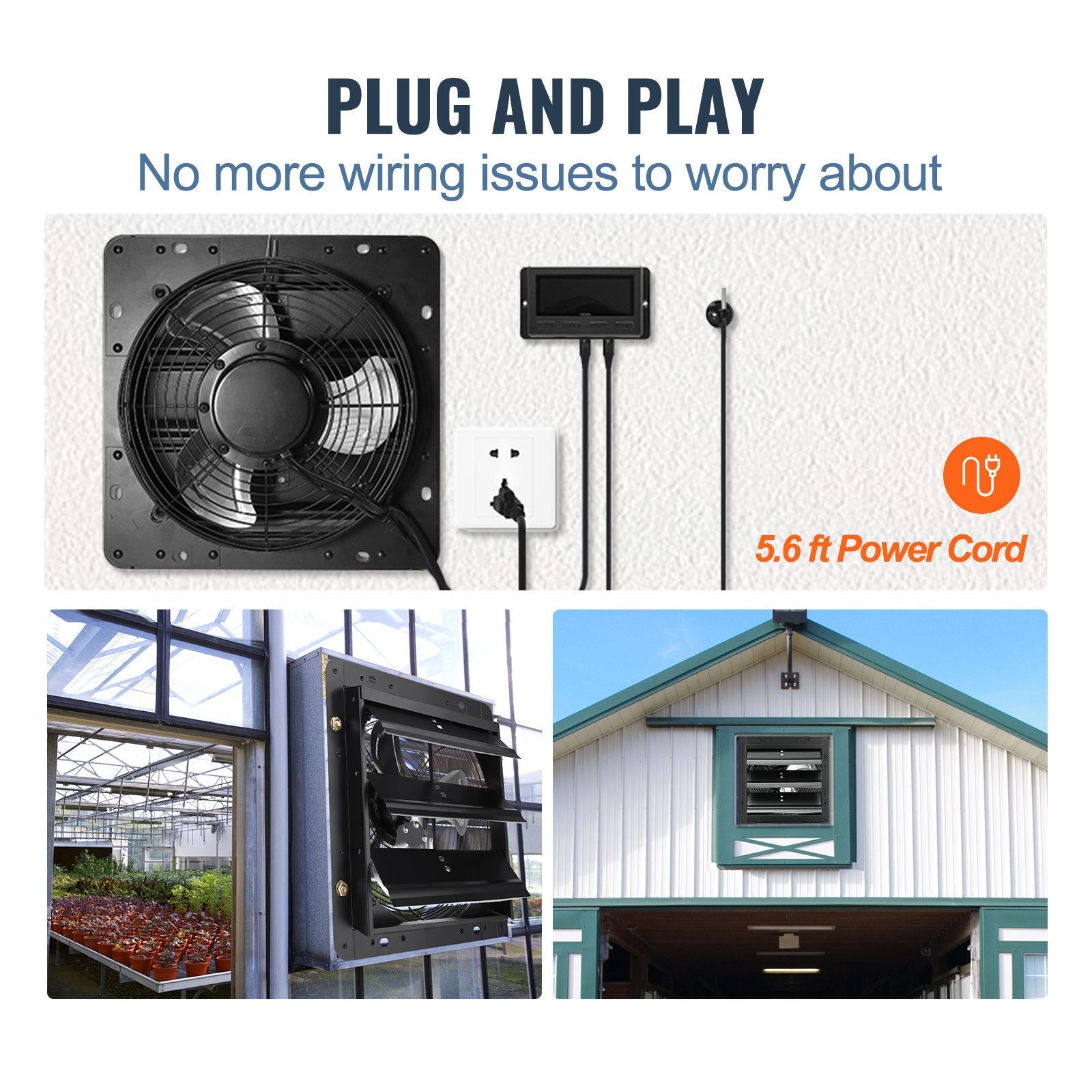 Automotive Repair & Speciality Tools: VEVOR Shutter Exhaust Fan, 356 mm / 14inch with Temperature Humidity Controller, EC-motor, 1024 CFM, Variable Speed Adjustable Wall Mount Attic Fan, Ventilation and Cooling for Greenhouses, Garages, Sheds