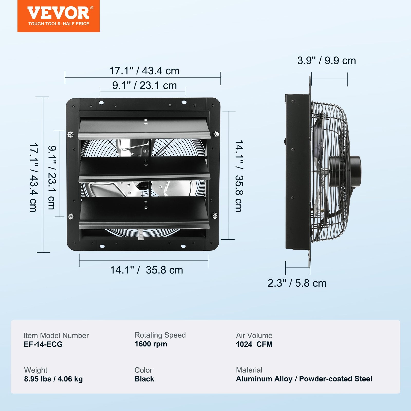 Automotive Repair & Speciality Tools: VEVOR Shutter Exhaust Fan, 356 mm / 14inch with Temperature Humidity Controller, EC-motor, 1024 CFM, Variable Speed Adjustable Wall Mount Attic Fan, Ventilation and Cooling for Greenhouses, Garages, Sheds