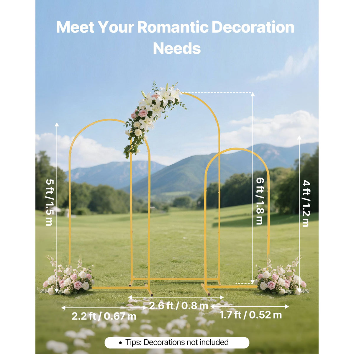 Arch Backdrop Stand, Set of 3, 1.8/1.5/1.2 m, Stable Structure, Easy Assembly, Gold Metal Arch Backdrop Stand for Wedding, Birthday Party, Graduation, Celebration, and Ceremony Decoration