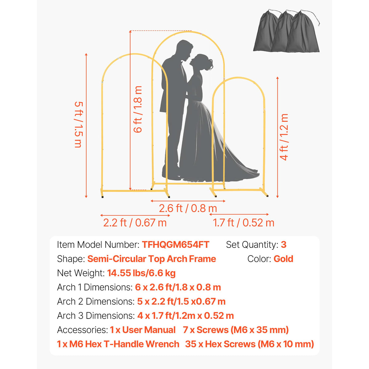 Arch Backdrop Stand, Set of 3, 1.8/1.5/1.2 m, Stable Structure, Easy Assembly, Gold Metal Arch Backdrop Stand for Wedding, Birthday Party, Graduation, Celebration, and Ceremony Decoration