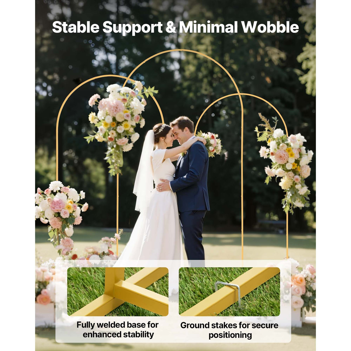 Arch Backdrop Stand, Set of 3, 2.4/2.2/2 m, Stable Structure, Easy Assembly, Gold Metal Arch Backdrop Stand for Wedding, Birthday Party, Graduation, Holiday Celebration, and Ceremony Decoration
