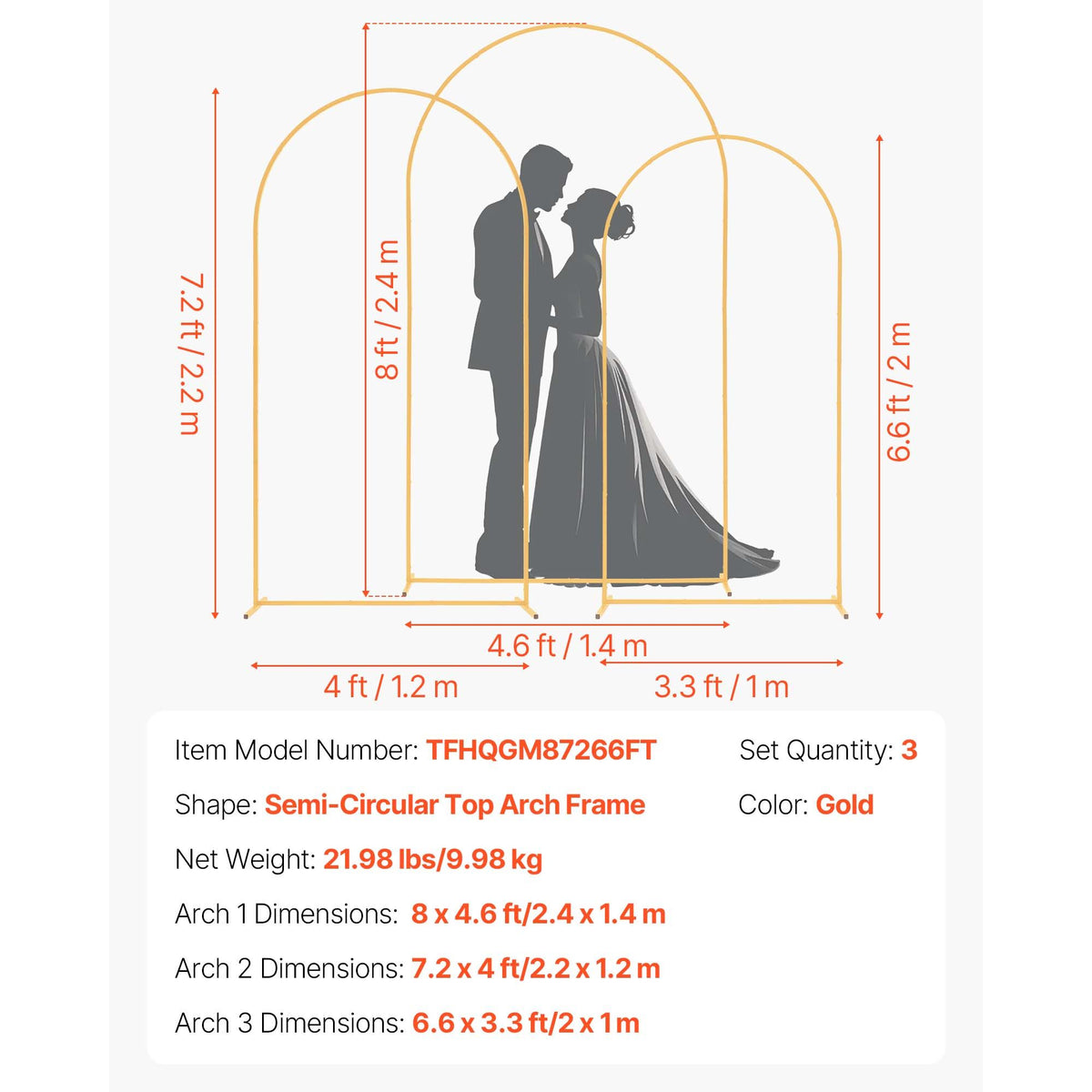 Arch Backdrop Stand, Set of 3, 2.4/2.2/2 m, Stable Structure, Easy Assembly, Gold Metal Arch Backdrop Stand for Wedding, Birthday Party, Graduation, Holiday Celebration, and Ceremony Decoration