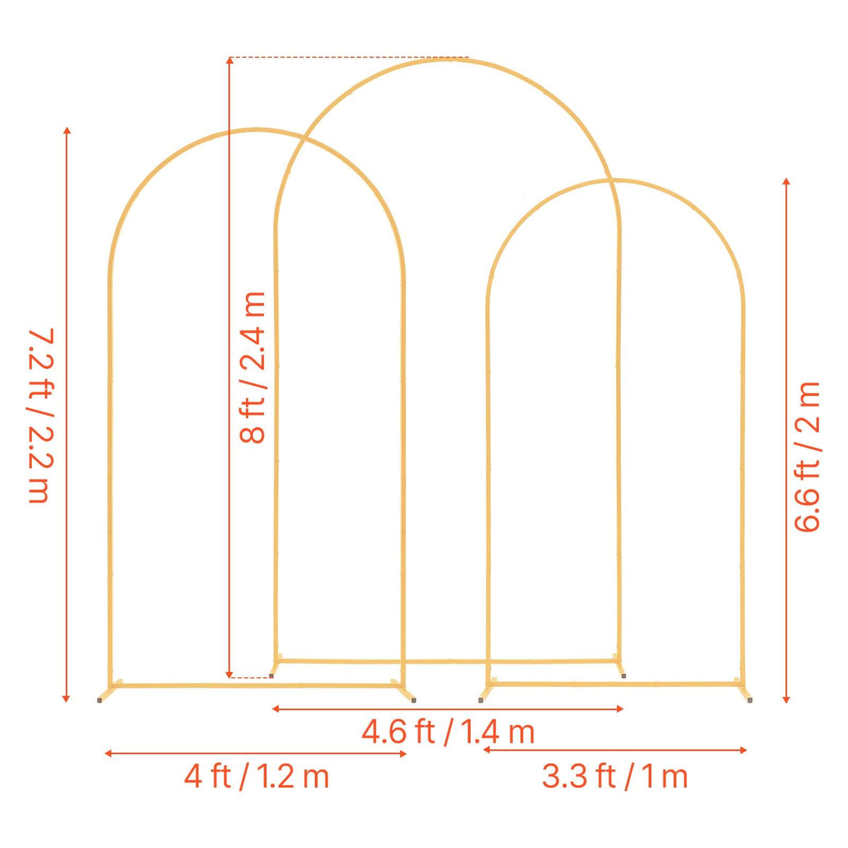 Arch Backdrop Stand, Set of 3, 2.4/2.2/2 m, Stable Structure, Easy Assembly, Gold Metal Arch Backdrop Stand for Wedding, Birthday Party, Graduation, Holiday Celebration, and Ceremony Decoration