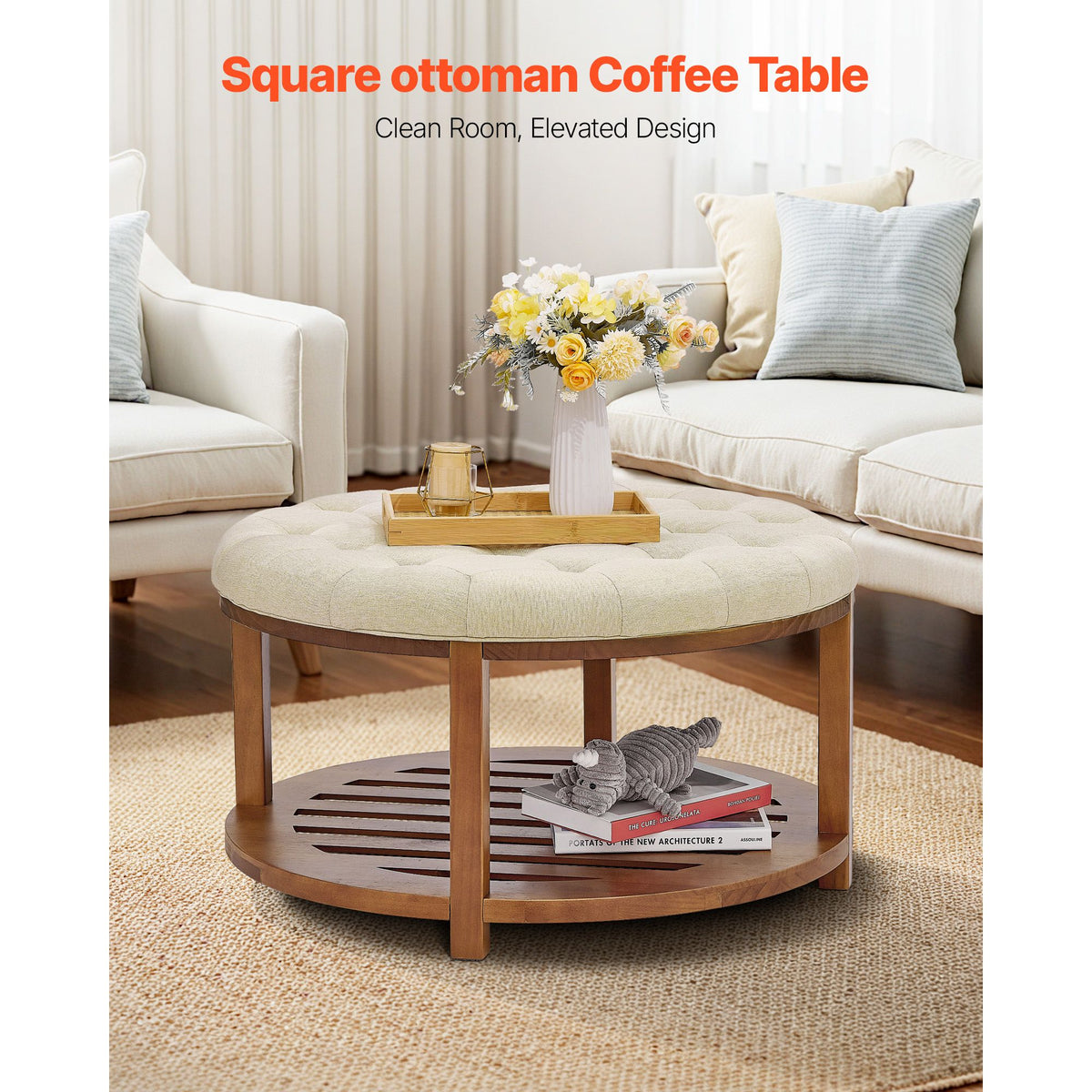 Large Round Ottoman Coffee Table, 81 cm Tufted Coffee Table with Solid Wood Shelf Storage, Linen Solid Upholstered Footrest Ottoman for Bedroom Living Room, 350 LBS, Linen Color