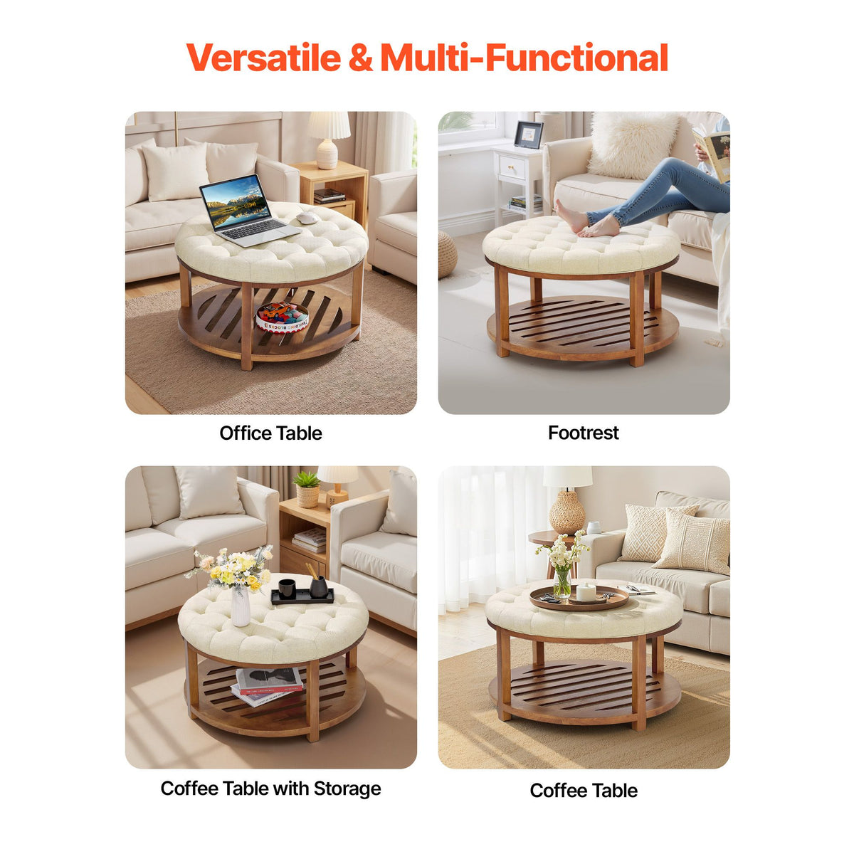 Large Round Ottoman Coffee Table, 81 cm Tufted Coffee Table with Solid Wood Shelf Storage, Linen Solid Upholstered Footrest Ottoman for Bedroom Living Room, 350 LBS, Linen Color