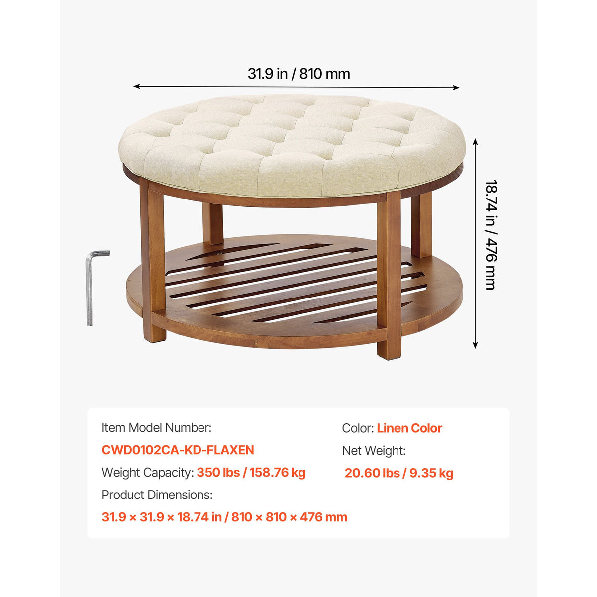 Large Round Ottoman Coffee Table, 81 cm Tufted Coffee Table with Solid Wood Shelf Storage, Linen Solid Upholstered Footrest Ottoman for Bedroom Living Room, 350 LBS, Linen Color