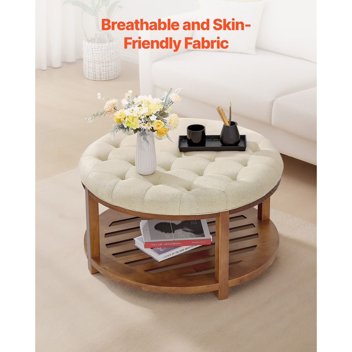 Large Round Ottoman Coffee Table, 81 cm Tufted Coffee Table with Solid Wood Shelf Storage, Linen Solid Upholstered Footrest Ottoman for Bedroom Living Room, 350 LBS, Linen Color