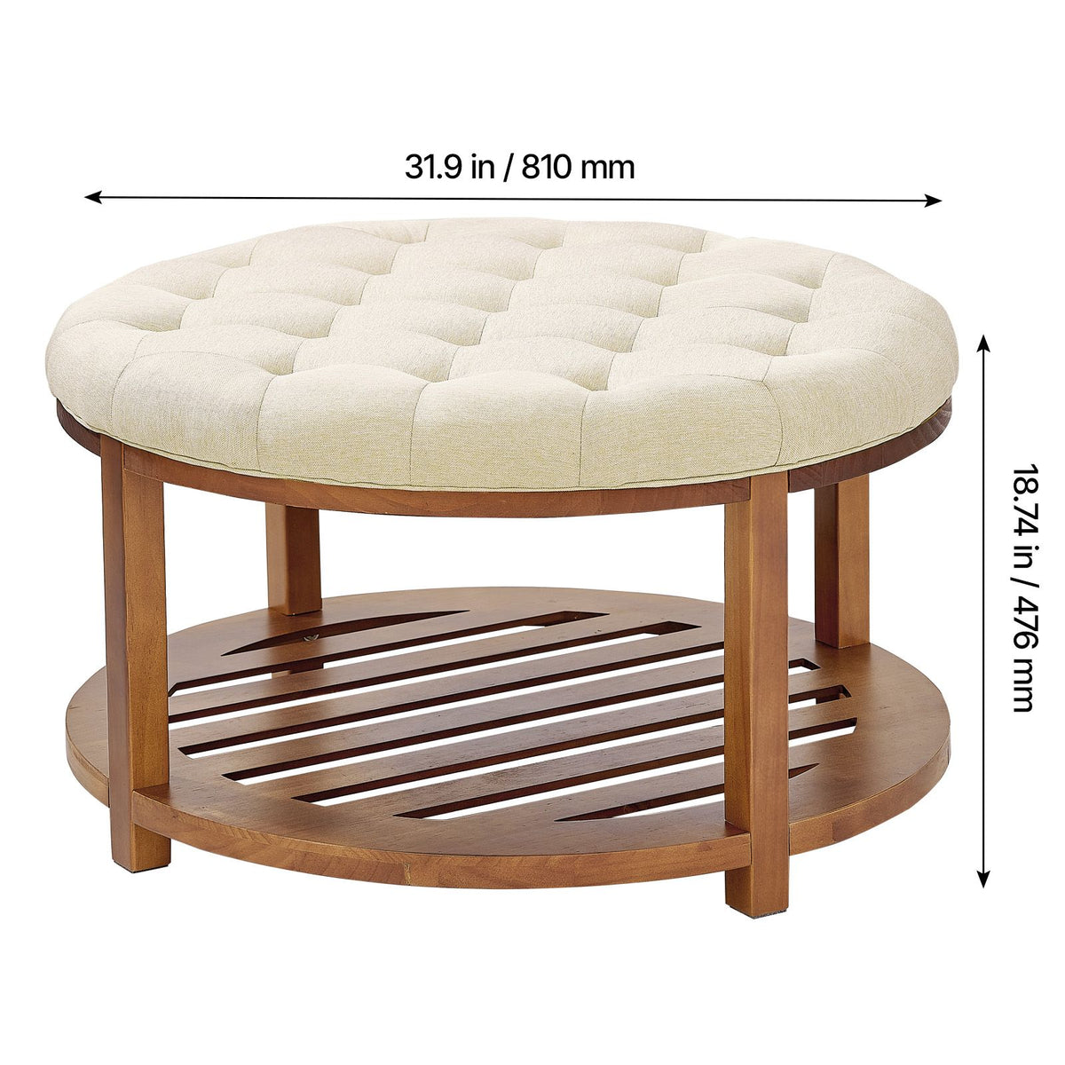 Large Round Ottoman Coffee Table, 81 cm Tufted Coffee Table with Solid Wood Shelf Storage, Linen Solid Upholstered Footrest Ottoman for Bedroom Living Room, 350 LBS, Linen Color