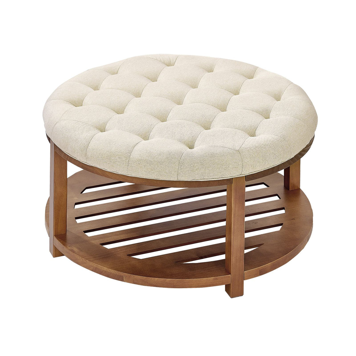 Large Round Ottoman Coffee Table, 81 cm Tufted Coffee Table with Solid Wood Shelf Storage, Linen Solid Upholstered Footrest Ottoman for Bedroom Living Room, 350 LBS, Linen Color