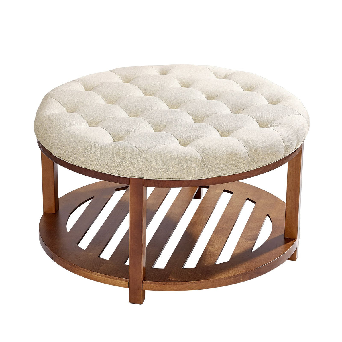 Large Round Ottoman Coffee Table, 81 cm Tufted Coffee Table with Solid Wood Shelf Storage, Linen Solid Upholstered Footrest Ottoman for Bedroom Living Room, 350 LBS, Linen Color
