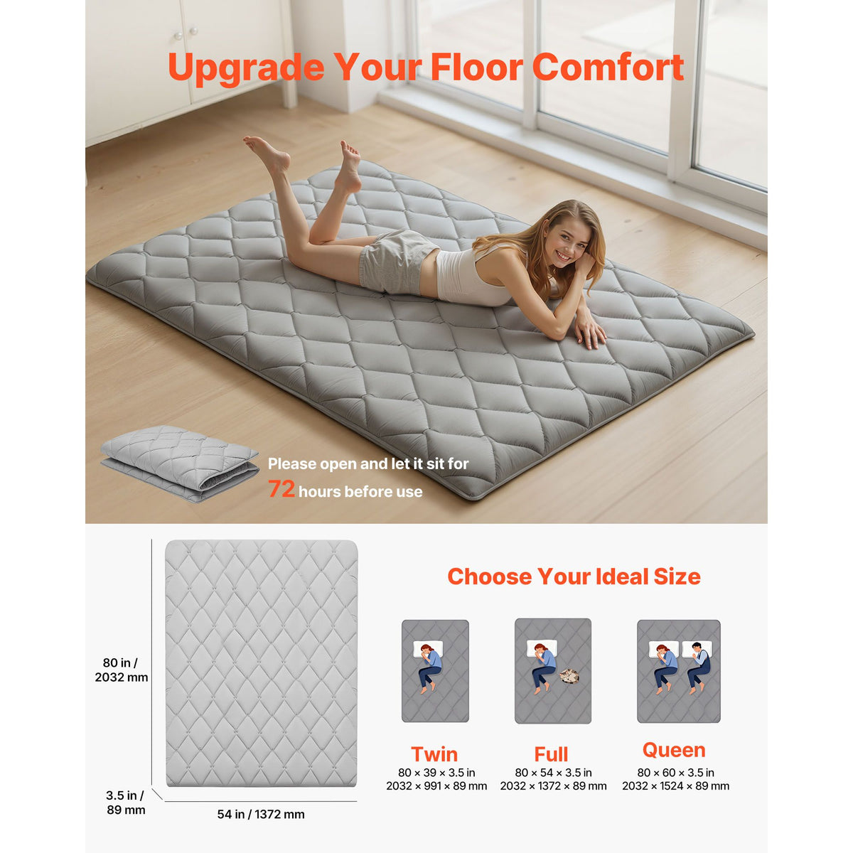 Japanese Tatami Mat, Full Size Foldable Japanese Tatami Mattress, Futon Mattress with Storage Bag & Fastener, 9-Layer Floor Mat for Sleeping, Dorm, Meditation, Yoga, 2032 x 1372 x 89 mm, Gray