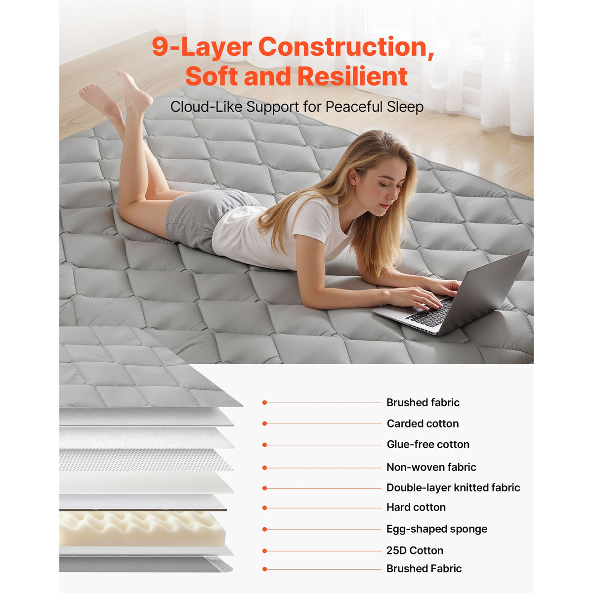 Japanese Tatami Mat, Full Size Foldable Japanese Tatami Mattress, Futon Mattress with Storage Bag & Fastener, 9-Layer Floor Mat for Sleeping, Dorm, Meditation, Yoga, 2032 x 1372 x 89 mm, Gray
