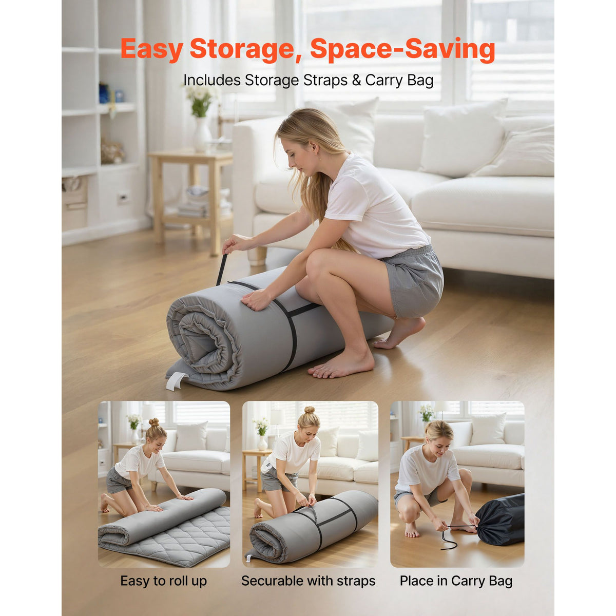 Japanese Tatami Mat, Full Size Foldable Japanese Tatami Mattress, Futon Mattress with Storage Bag & Fastener, 9-Layer Floor Mat for Sleeping, Dorm, Meditation, Yoga, 2032 x 1372 x 89 mm, Gray