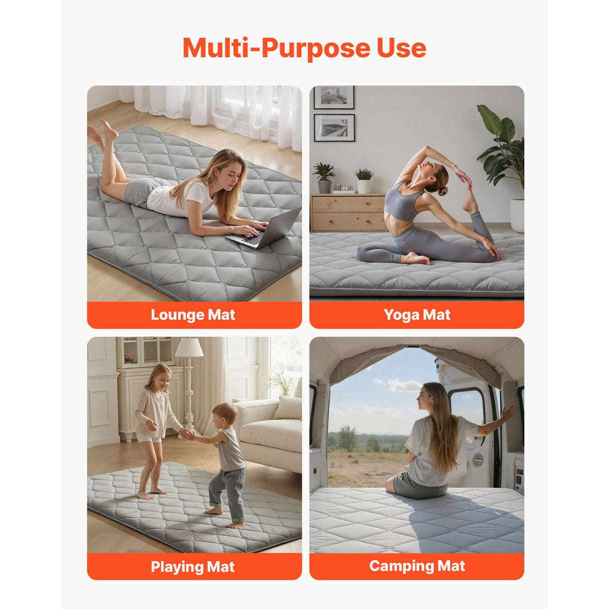 Japanese Tatami Mat, Full Size Foldable Japanese Tatami Mattress, Futon Mattress with Storage Bag & Fastener, 9-Layer Floor Mat for Sleeping, Dorm, Meditation, Yoga, 2032 x 1372 x 89 mm, Gray