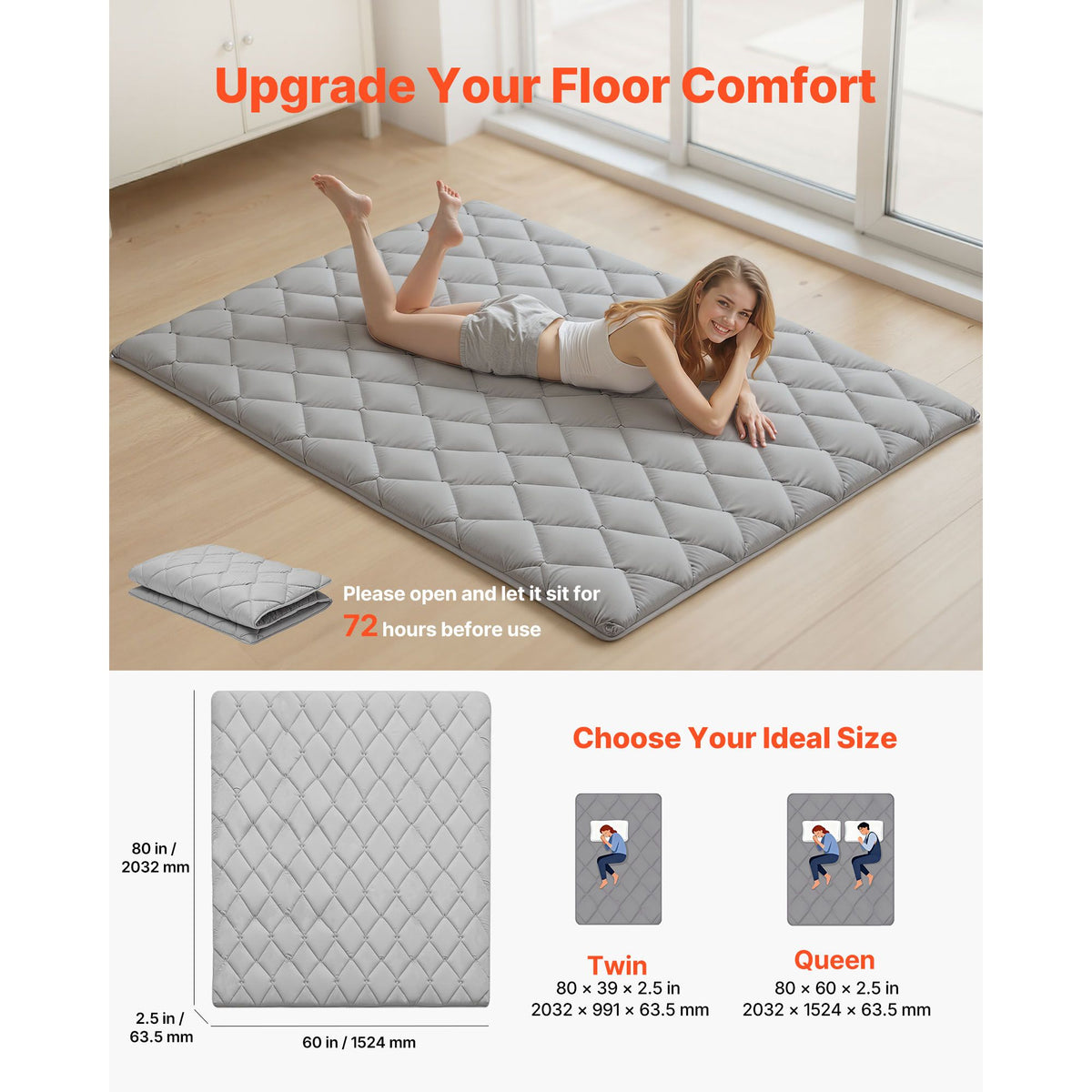 Japanese Tatami Mat, Queen Size Foldable Japanese Tatami Mattress, Futon Mattress with Storage Bag & Fastener, 9-Layer Floor Mat for Sleeping, Dorm, Meditation, Yoga, 2032 x 1524 x 63.5 mm, Gray