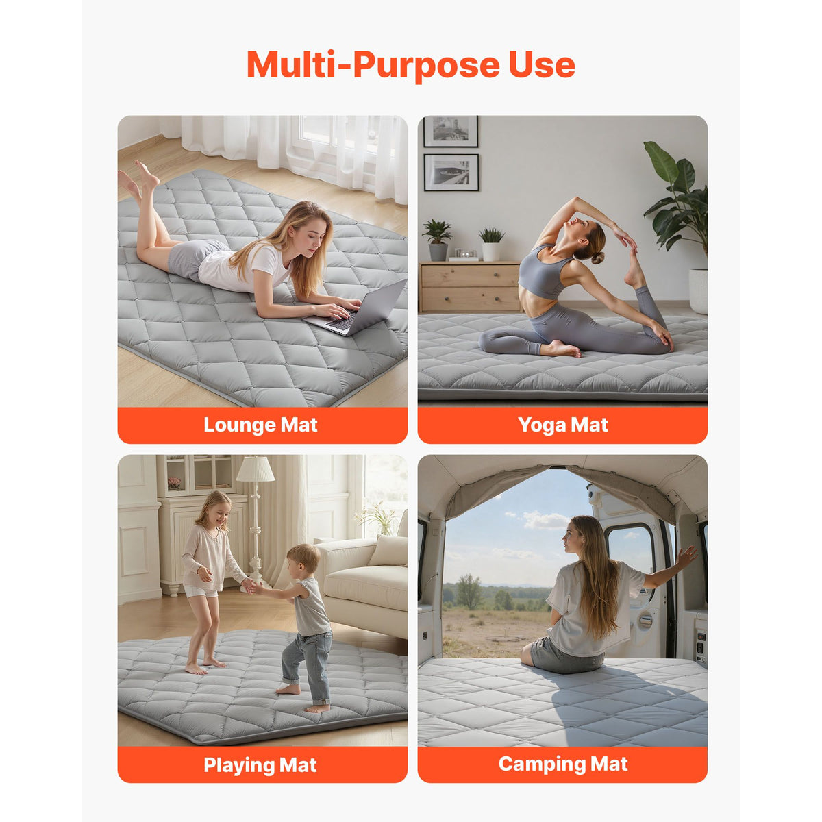 Japanese Tatami Mat, Queen Size Foldable Japanese Tatami Mattress, Futon Mattress with Storage Bag & Fastener, 9-Layer Floor Mat for Sleeping, Dorm, Meditation, Yoga, 2032 x 1524 x 63.5 mm, Gray