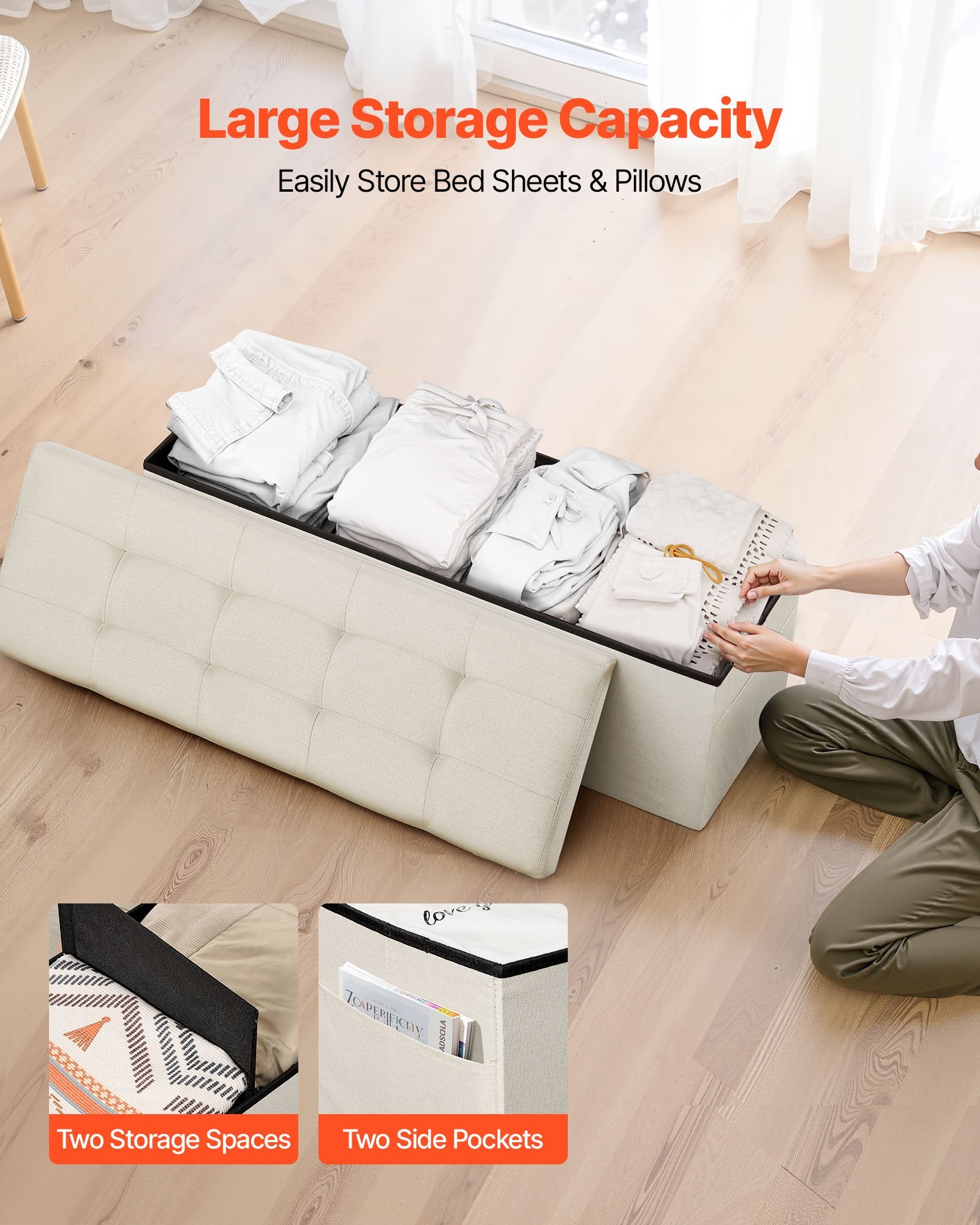 Beds & Bed Frames: VEVOR Foldable Storage Ottoman Bench, End of Bed Bench with Side Bags, Folding Upholstered Storage Chest Supports 660 lbs, Linen Bed Ottoman with Large Space for Living Room, Bedroom, Entryway, Beige