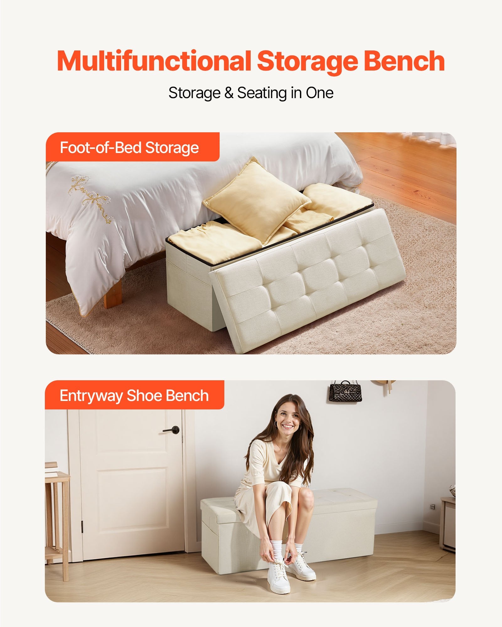 Beds & Bed Frames: VEVOR Foldable Storage Ottoman Bench, End of Bed Bench with Side Bags, Folding Upholstered Storage Chest Supports 660 lbs, Linen Bed Ottoman with Large Space for Living Room, Bedroom, Entryway, Beige