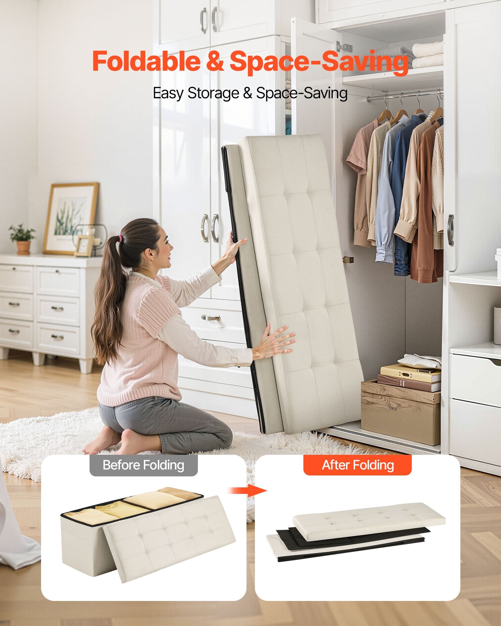 Beds & Bed Frames: VEVOR Foldable Storage Ottoman Bench, End of Bed Bench with Side Bags, Folding Upholstered Storage Chest Supports 660 lbs, Linen Bed Ottoman with Large Space for Living Room, Bedroom, Entryway, Beige