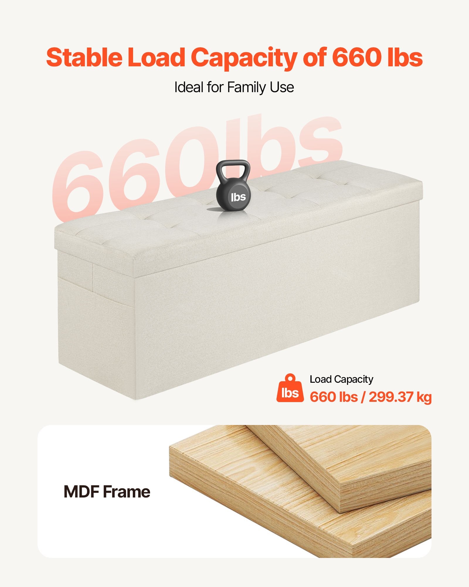 Beds & Bed Frames: VEVOR Foldable Storage Ottoman Bench, End of Bed Bench with Side Bags, Folding Upholstered Storage Chest Supports 660 lbs, Linen Bed Ottoman with Large Space for Living Room, Bedroom, Entryway, Beige