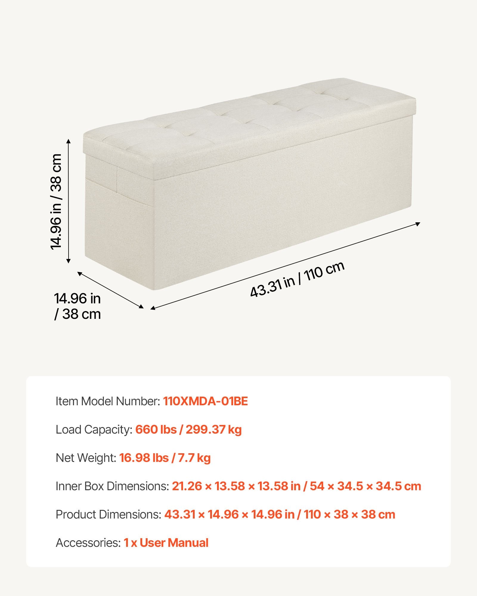 Beds & Bed Frames: VEVOR Foldable Storage Ottoman Bench, End of Bed Bench with Side Bags, Folding Upholstered Storage Chest Supports 660 lbs, Linen Bed Ottoman with Large Space for Living Room, Bedroom, Entryway, Beige