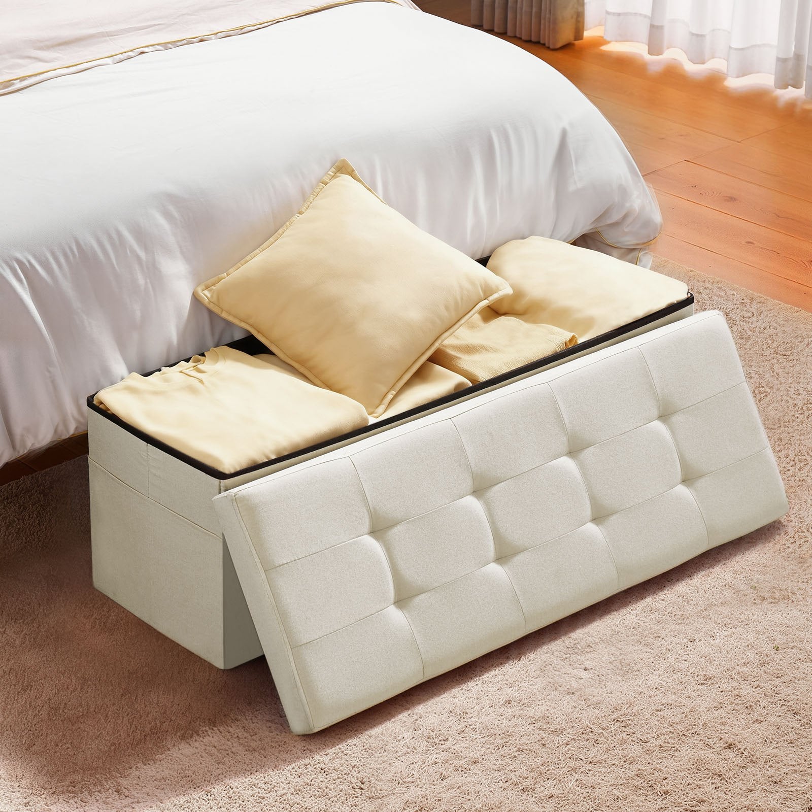 Beds & Bed Frames: VEVOR Foldable Storage Ottoman Bench, End of Bed Bench with Side Bags, Folding Upholstered Storage Chest Supports 660 lbs, Linen Bed Ottoman with Large Space for Living Room, Bedroom, Entryway, Beige