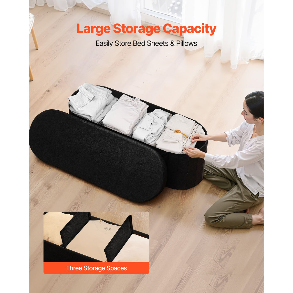 Oval Storage Ottoman Bench, Foldable Teddy Fleece End of Bed Bench, Folding Upholstered Bed Ottoman Chest with Large Storage Space, Supports 660 lbs, for Living Room, Bedroom, Entryway, Black