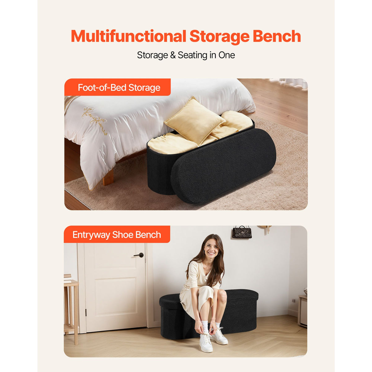 Oval Storage Ottoman Bench, Foldable Teddy Fleece End of Bed Bench, Folding Upholstered Bed Ottoman Chest with Large Storage Space, Supports 660 lbs, for Living Room, Bedroom, Entryway, Black