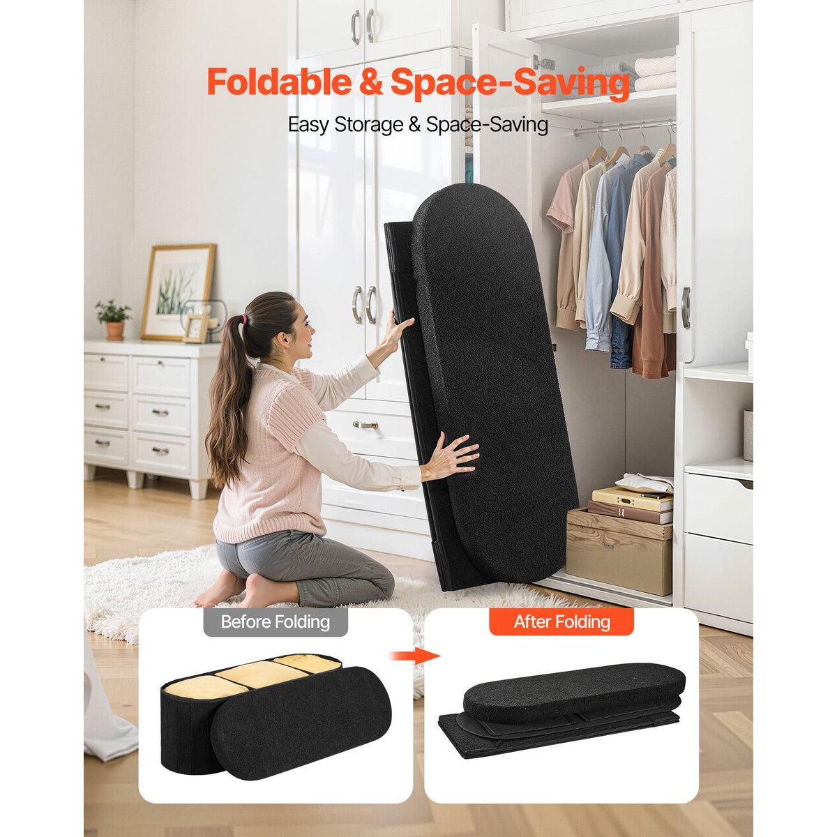 Oval Storage Ottoman Bench, Foldable Teddy Fleece End of Bed Bench, Folding Upholstered Bed Ottoman Chest with Large Storage Space, Supports 660 lbs, for Living Room, Bedroom, Entryway, Black