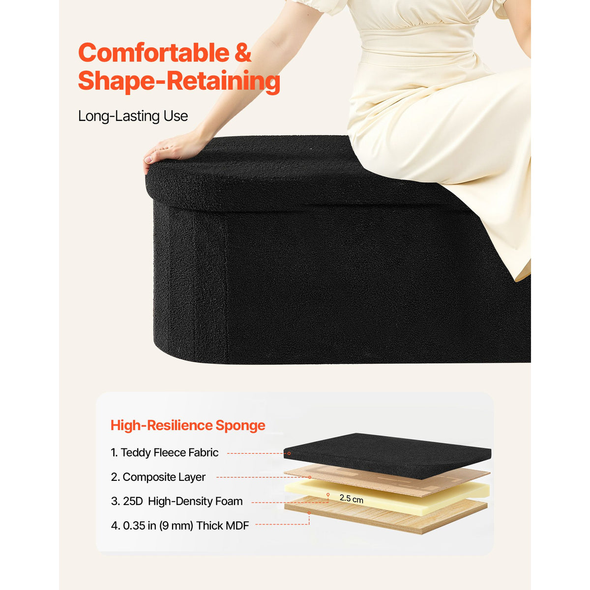Oval Storage Ottoman Bench, Foldable Teddy Fleece End of Bed Bench, Folding Upholstered Bed Ottoman Chest with Large Storage Space, Supports 660 lbs, for Living Room, Bedroom, Entryway, Black