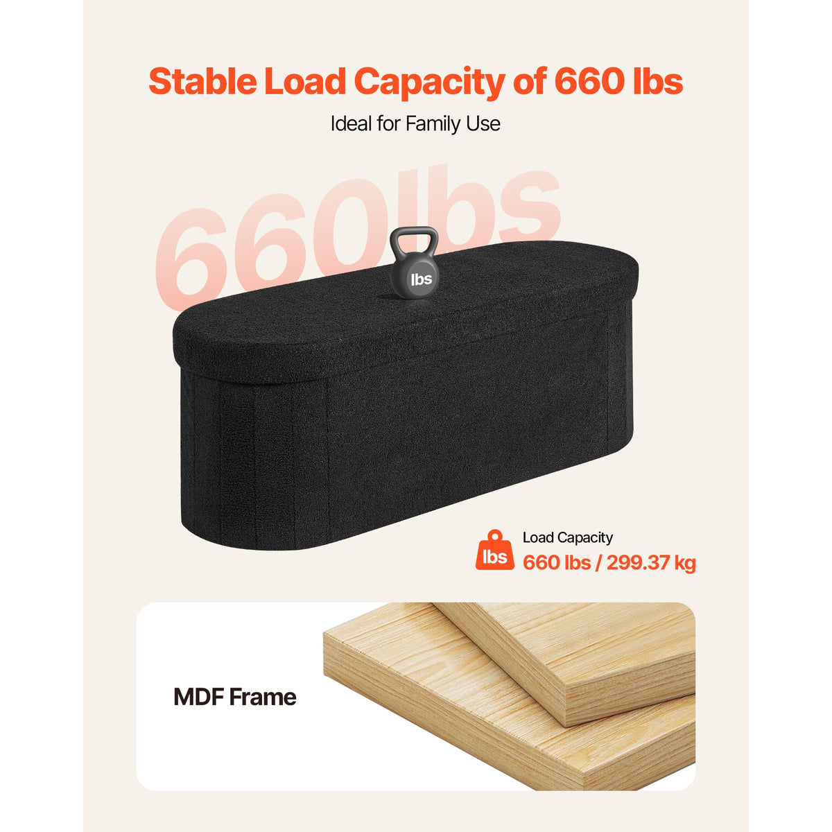 Oval Storage Ottoman Bench, Foldable Teddy Fleece End of Bed Bench, Folding Upholstered Bed Ottoman Chest with Large Storage Space, Supports 660 lbs, for Living Room, Bedroom, Entryway, Black