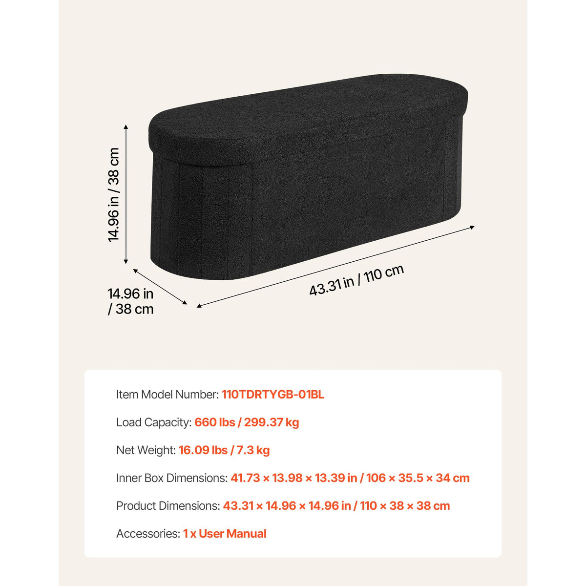 Oval Storage Ottoman Bench, Foldable Teddy Fleece End of Bed Bench, Folding Upholstered Bed Ottoman Chest with Large Storage Space, Supports 660 lbs, for Living Room, Bedroom, Entryway, Black