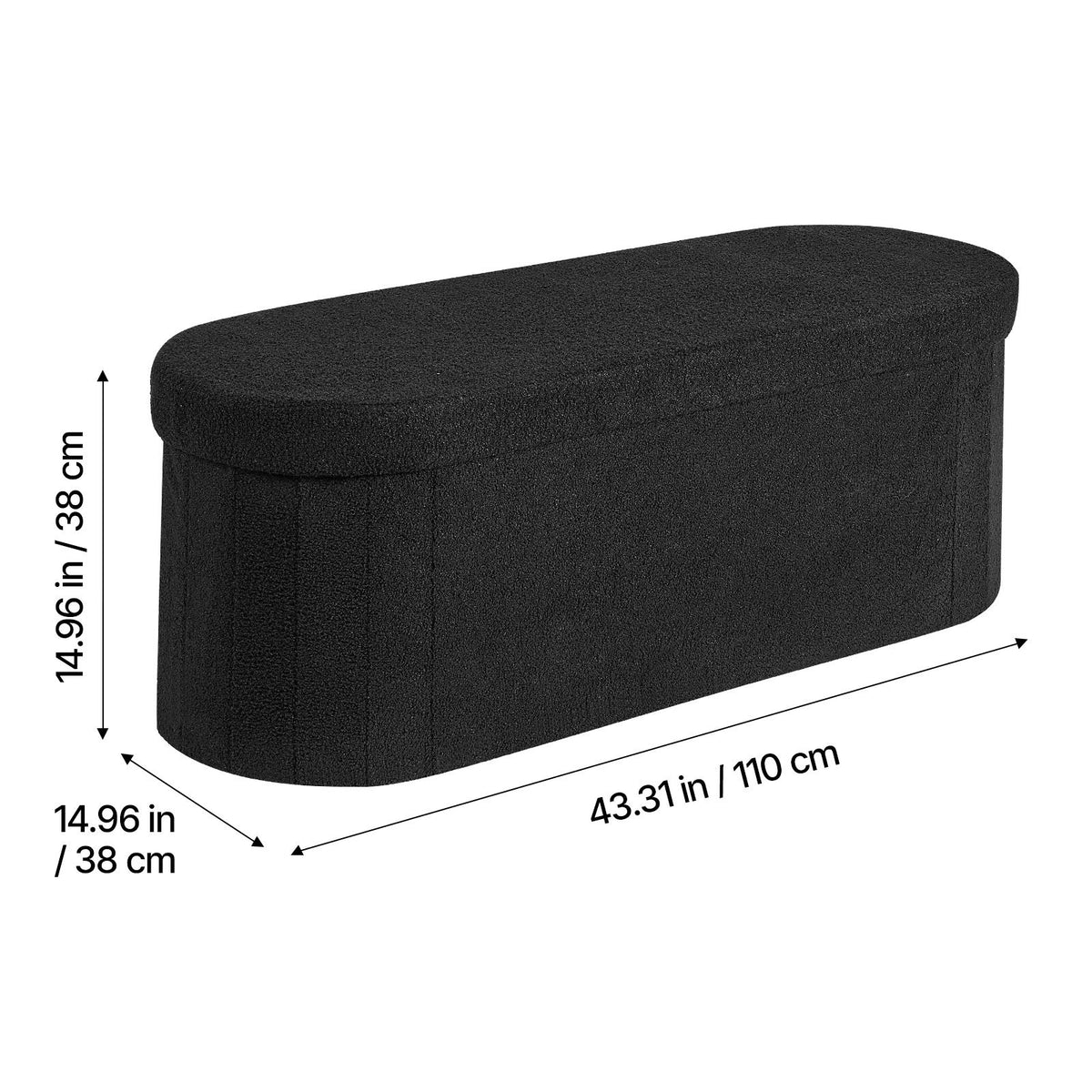 Oval Storage Ottoman Bench, Foldable Teddy Fleece End of Bed Bench, Folding Upholstered Bed Ottoman Chest with Large Storage Space, Supports 660 lbs, for Living Room, Bedroom, Entryway, Black