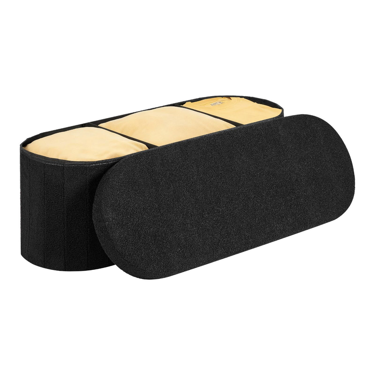 Oval Storage Ottoman Bench, Foldable Teddy Fleece End of Bed Bench, Folding Upholstered Bed Ottoman Chest with Large Storage Space, Supports 660 lbs, for Living Room, Bedroom, Entryway, Black