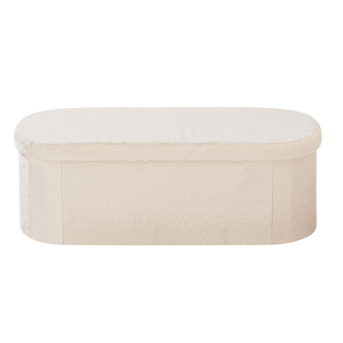 Oval Storage Ottoman Bench, Foldable Teddy Fleece End of Bed Bench, Folding Upholstered Bed Ottoman Chest with Large Storage Space, Supports 660 lbs, for Living Room, Bedroom, Entryway, Beige