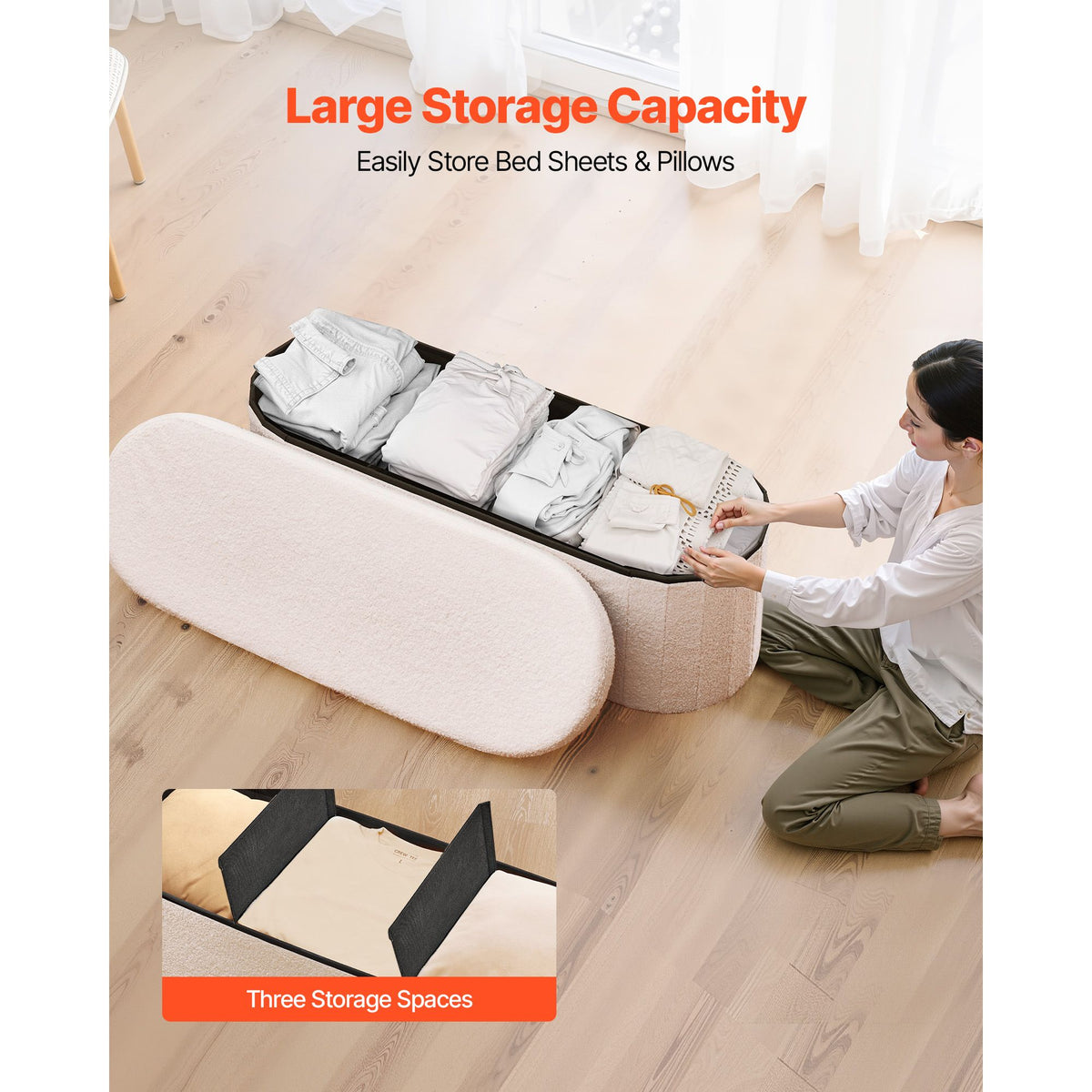 Oval Storage Ottoman Bench, Foldable Teddy Fleece End of Bed Bench, Folding Upholstered Bed Ottoman Chest with Large Storage Space, Supports 660 lbs, for Living Room, Bedroom, Entryway, Beige