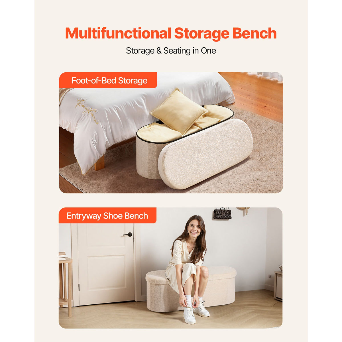 Oval Storage Ottoman Bench, Foldable Teddy Fleece End of Bed Bench, Folding Upholstered Bed Ottoman Chest with Large Storage Space, Supports 660 lbs, for Living Room, Bedroom, Entryway, Beige