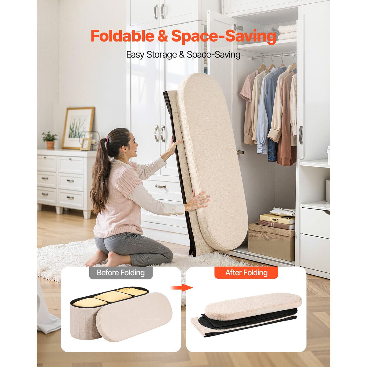 Oval Storage Ottoman Bench, Foldable Teddy Fleece End of Bed Bench, Folding Upholstered Bed Ottoman Chest with Large Storage Space, Supports 660 lbs, for Living Room, Bedroom, Entryway, Beige