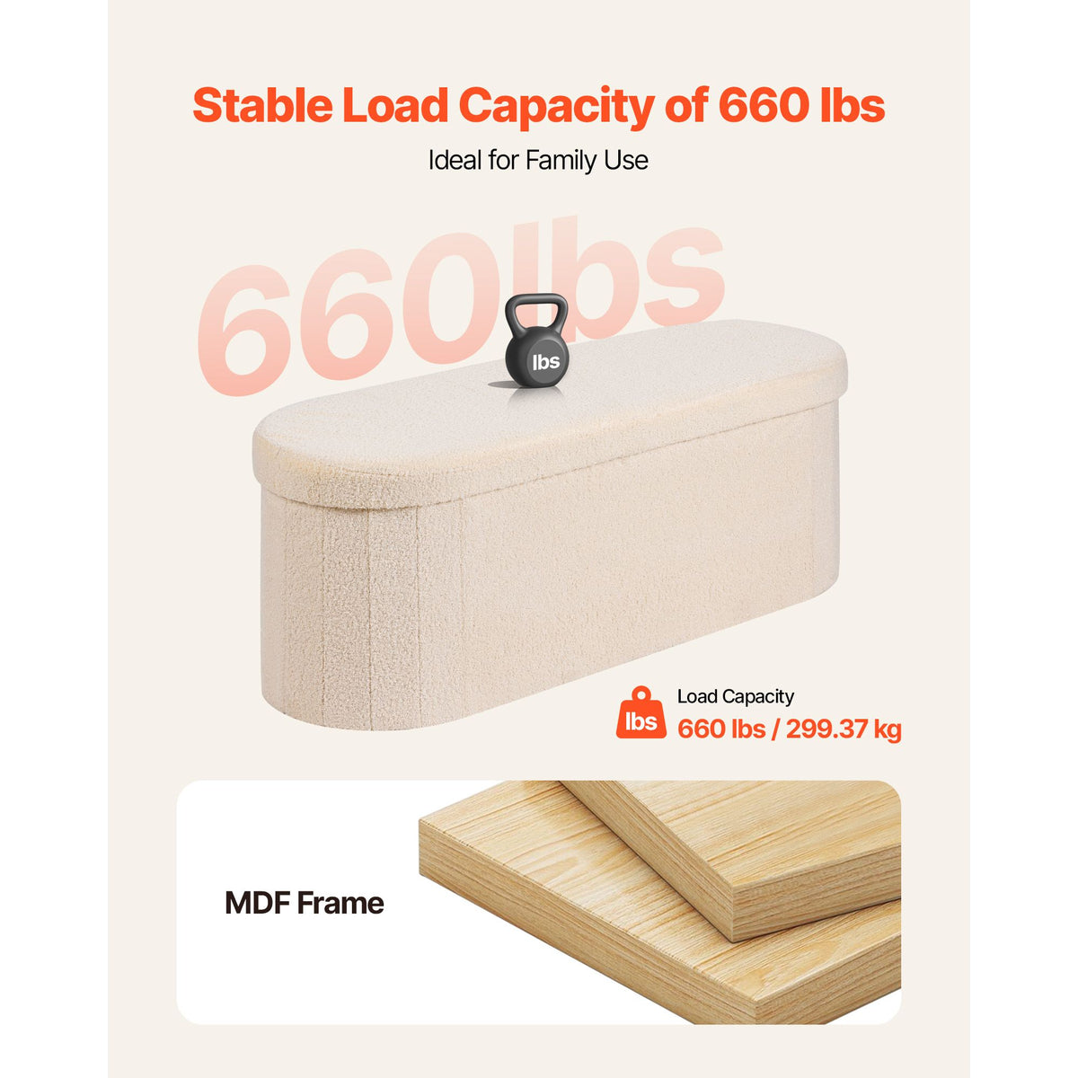 Oval Storage Ottoman Bench, Foldable Teddy Fleece End of Bed Bench, Folding Upholstered Bed Ottoman Chest with Large Storage Space, Supports 660 lbs, for Living Room, Bedroom, Entryway, Beige