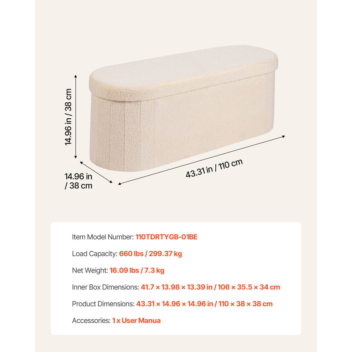 Oval Storage Ottoman Bench, Foldable Teddy Fleece End of Bed Bench, Folding Upholstered Bed Ottoman Chest with Large Storage Space, Supports 660 lbs, for Living Room, Bedroom, Entryway, Beige
